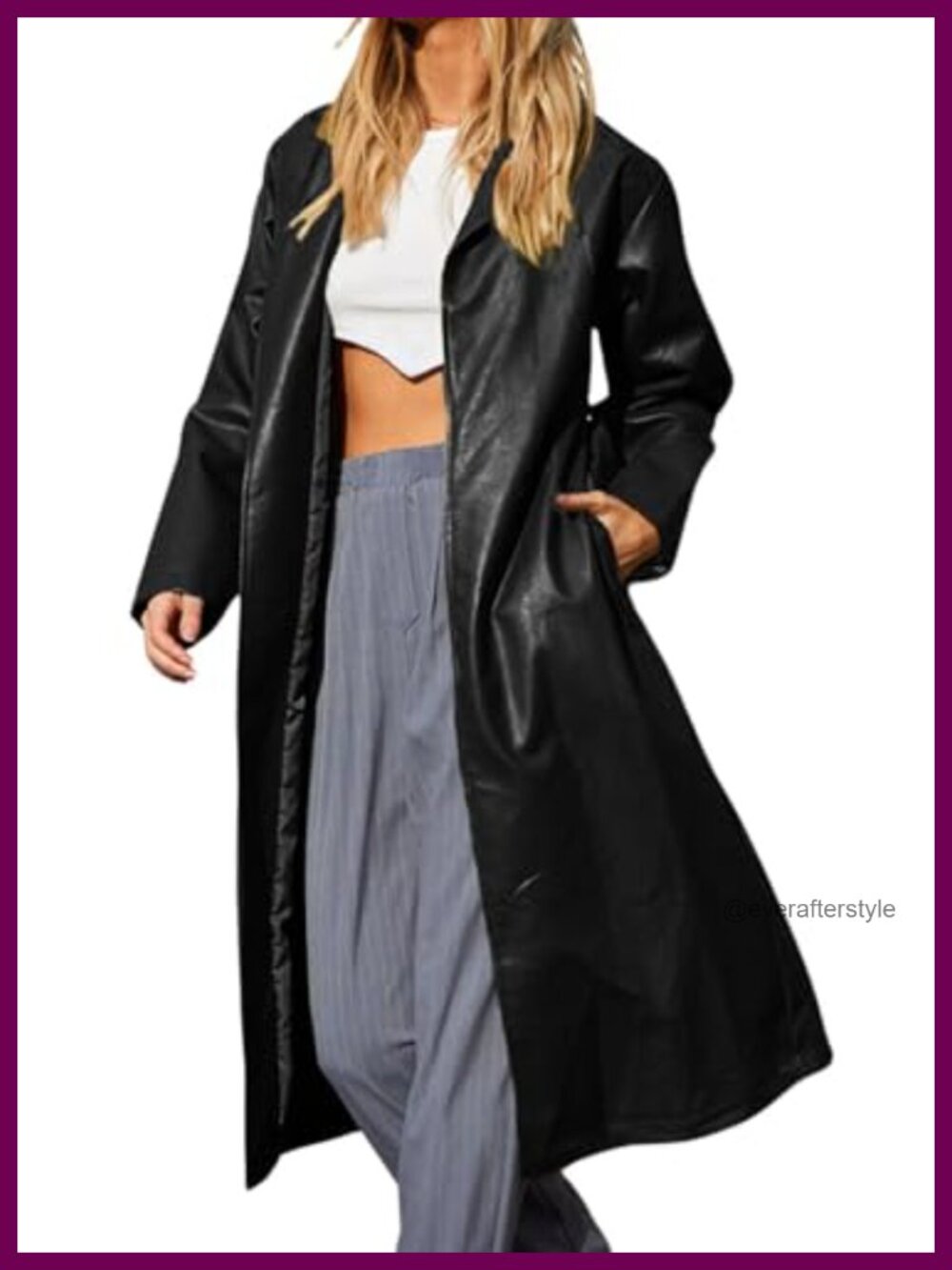 PU Leather Trench Coat Button Down Notch Collar Long Sleeve Faux Leather Jacket